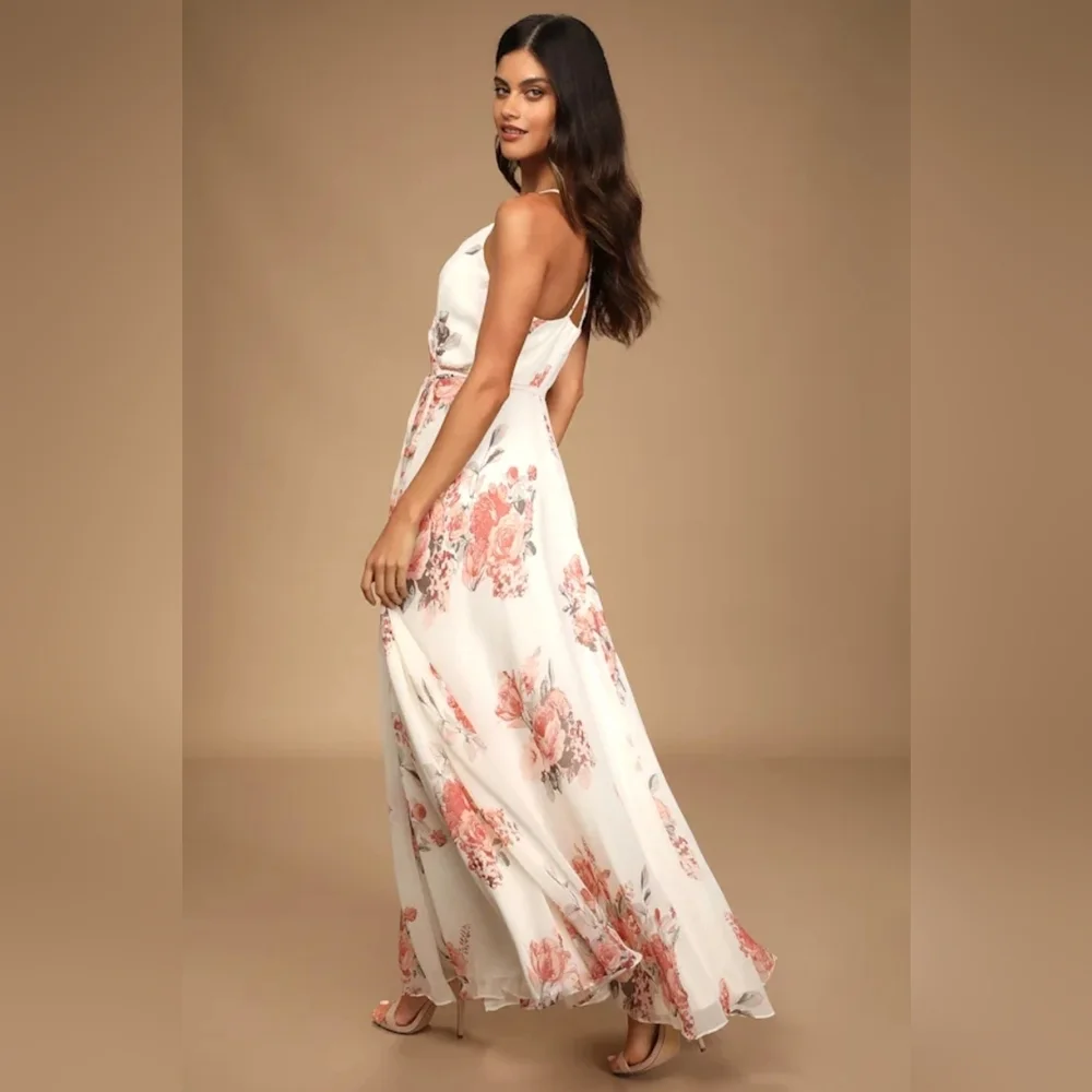 Lulus Elegantly Inclined Cream Floral Print Wrap Maxi Dress White - Size M - Picture 2 of 7